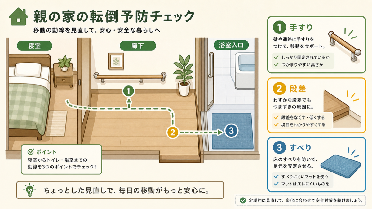 寝室から廊下、浴室入口までの動線で手すり、段差、滑りやすさを見る図解